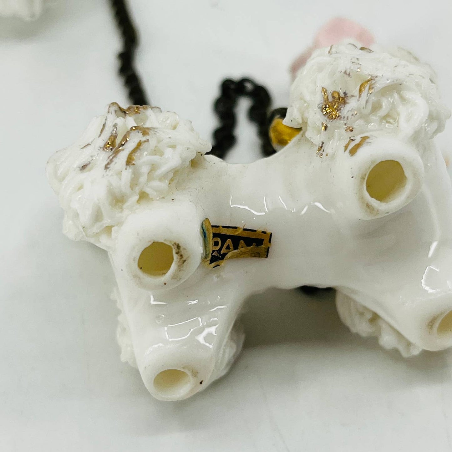 Vintage Poodle Dogs on Chain Hand Painted Bone China Porcelain 2” SA5