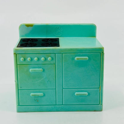 Vintage RENEWAL Dollhouse Celluloid Teal Kitchen Stove Oven Burner 2.5 x 3” TD2