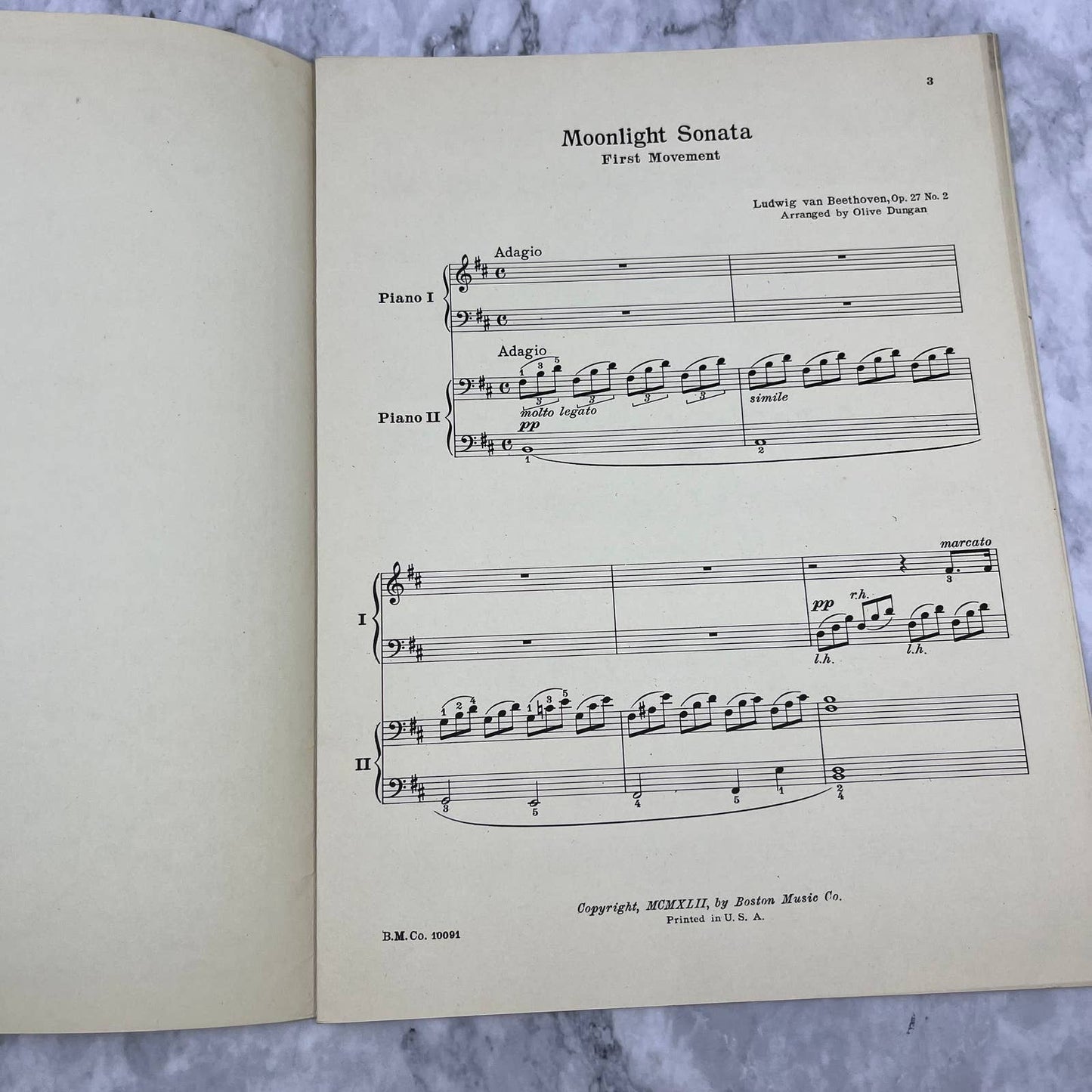 Beethoven Moonlight Sonata Sheet Music Classical 2 Pianos 4 Hands O. Duncan TH5