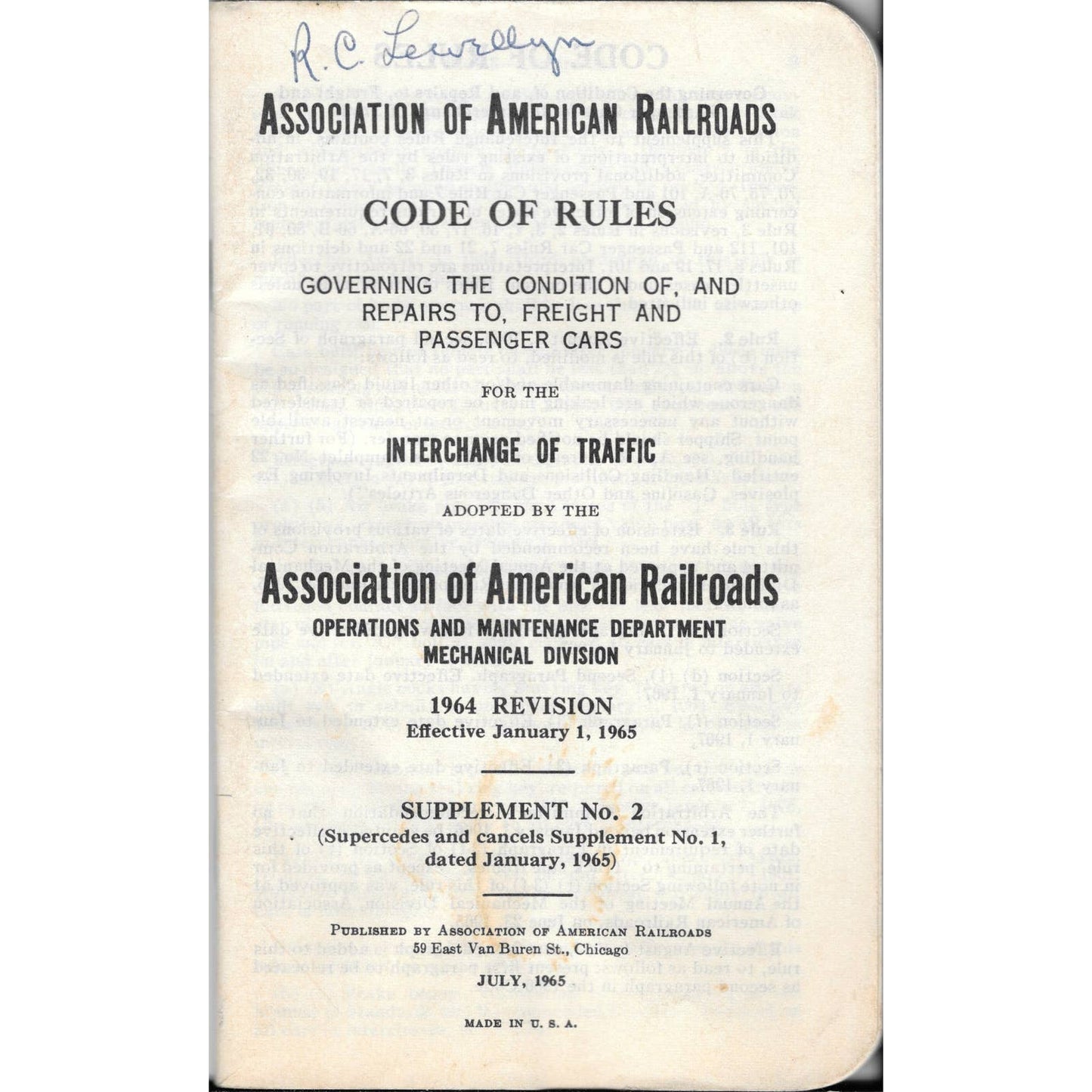 1965 Association of American Railroads Code of Rules Book Supplement No. 2 TJ7