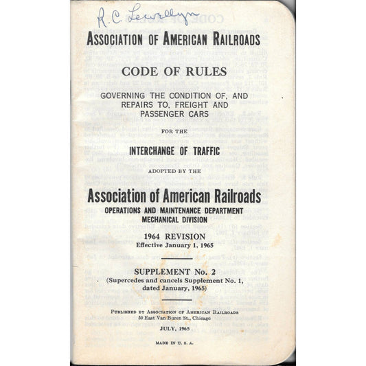 1965 Association of American Railroads Code of Rules Book Supplement No. 2 TJ7