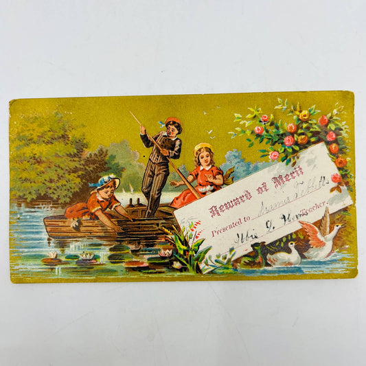 1880s Victorian Reward of Merit Award Card Children on Row Boat Gilt Swans AA2