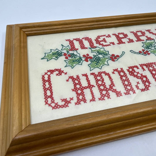 Vintage Framed Cross Stitch Sampler Art Merry Christmas TG3