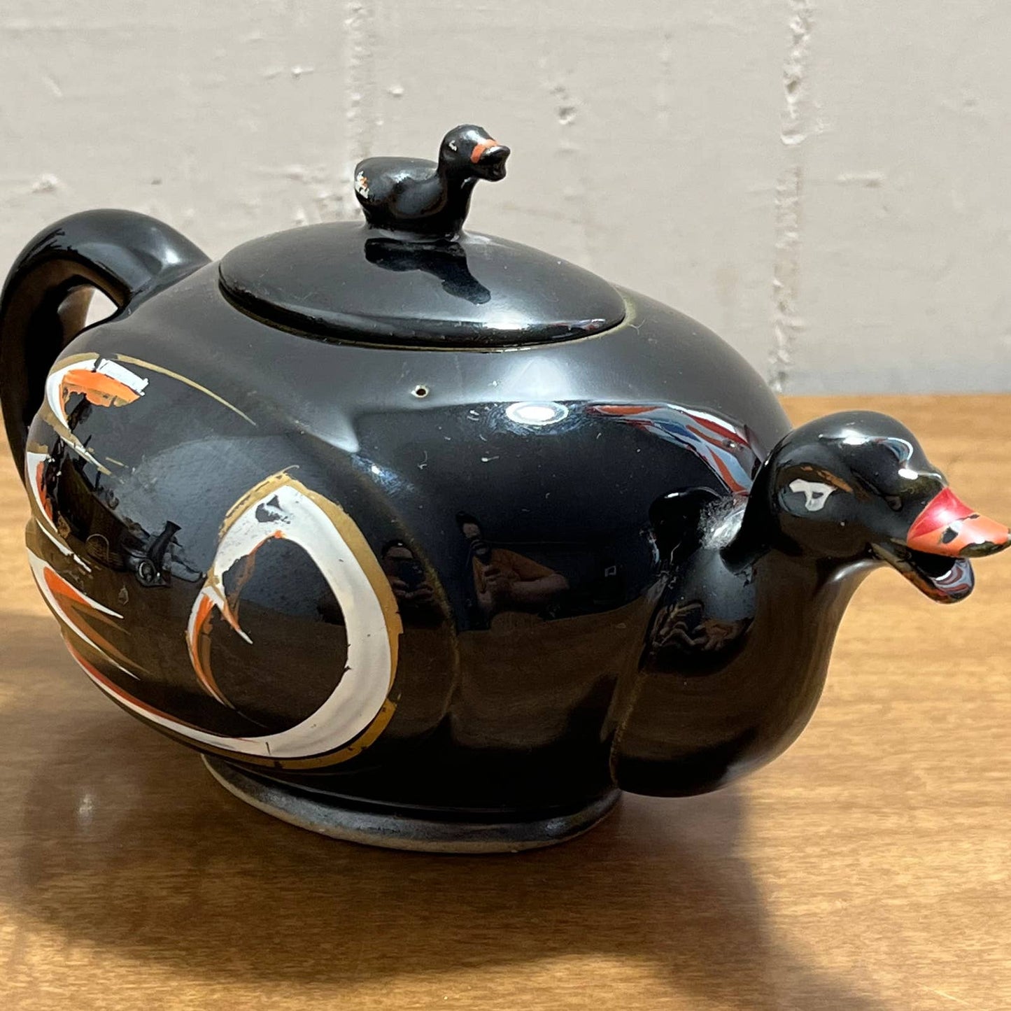 1950s Vintage Red Clay Pottery Black Duck Teapot Redware Japan 8 x 4” TG5