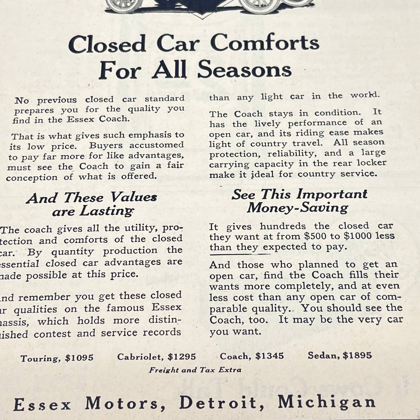 c1920 Essex Coach Motor Car Automobile Ad Detroit MI AA8