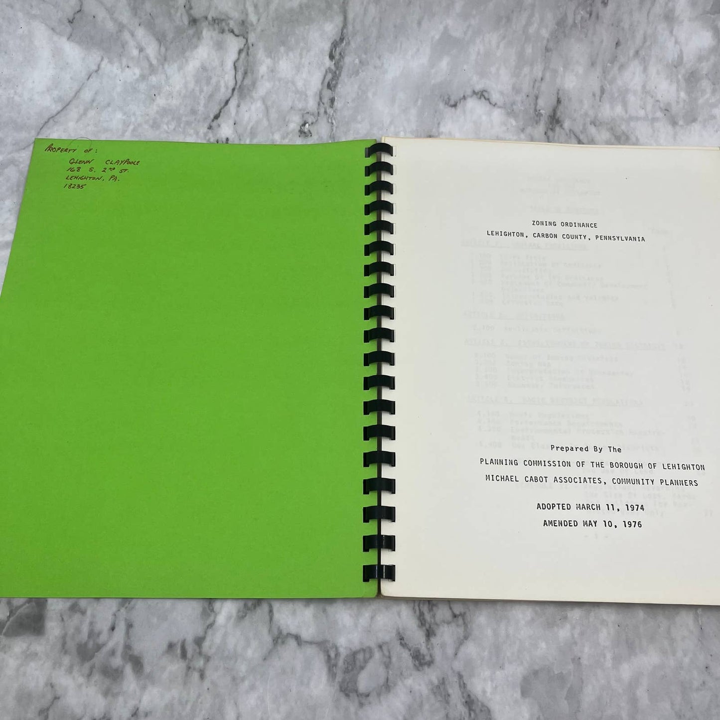 1976 Borough of Lehighton Carbon County Pennsylvania Zoning Ordinance Book TJ7