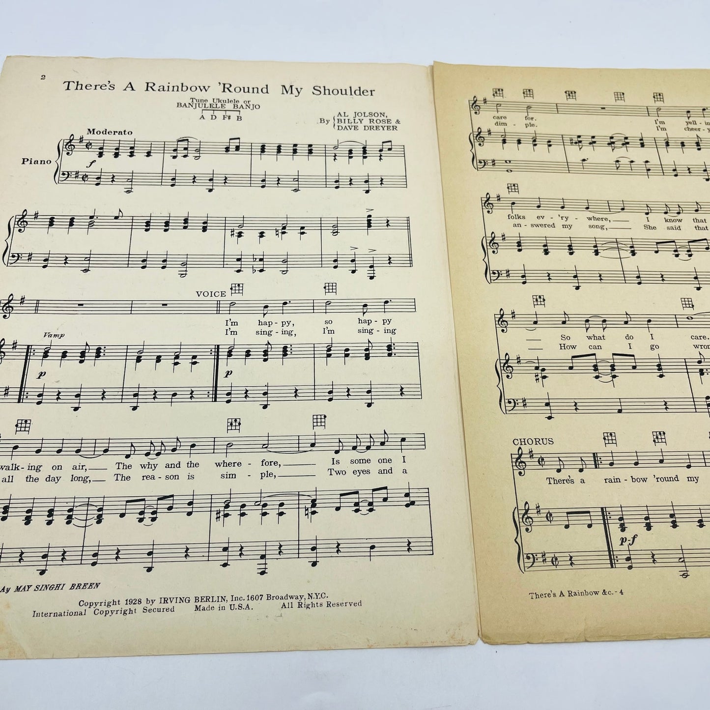 1928 Al Jolson Irving Berlin There’s a Rainbow Round My Shoulder Sheet Music V37-4