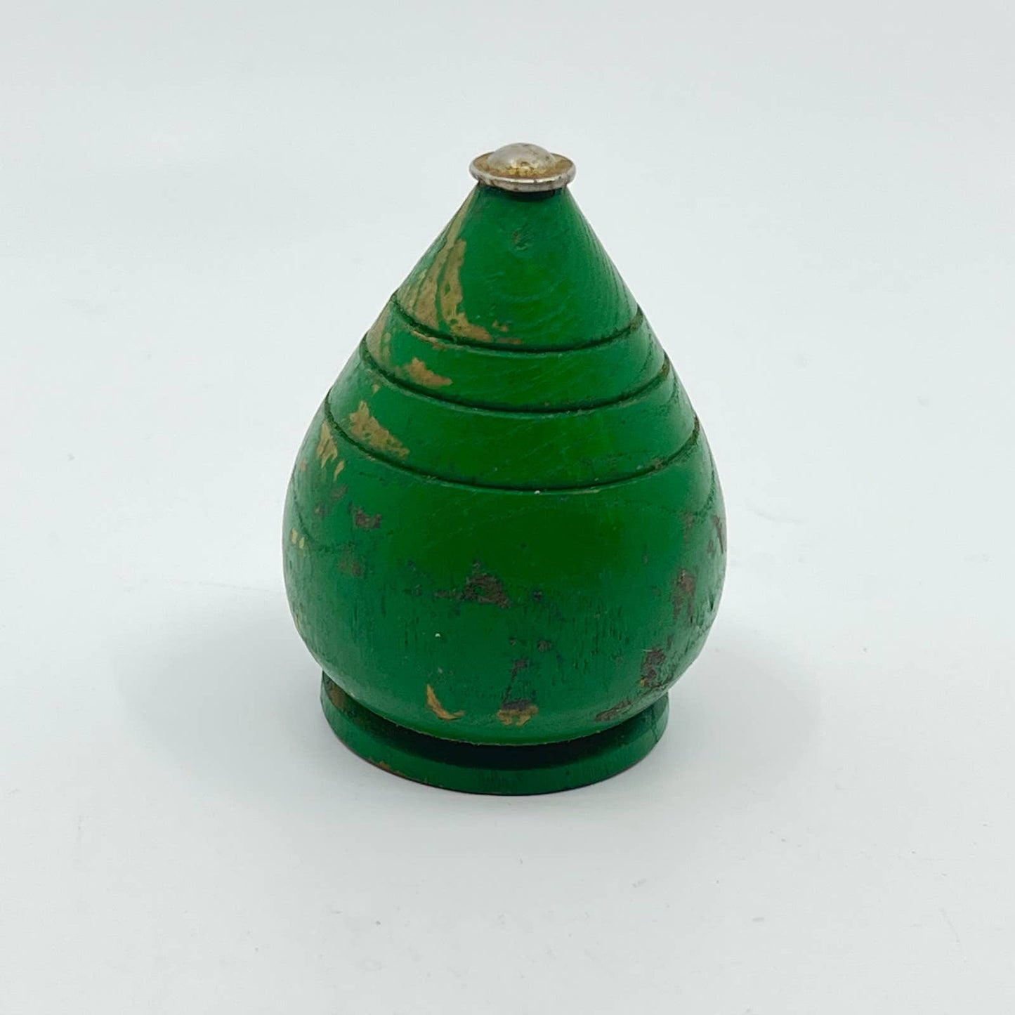 Vintage Green Wood Metal Tipped Toy Spinning Top TE1