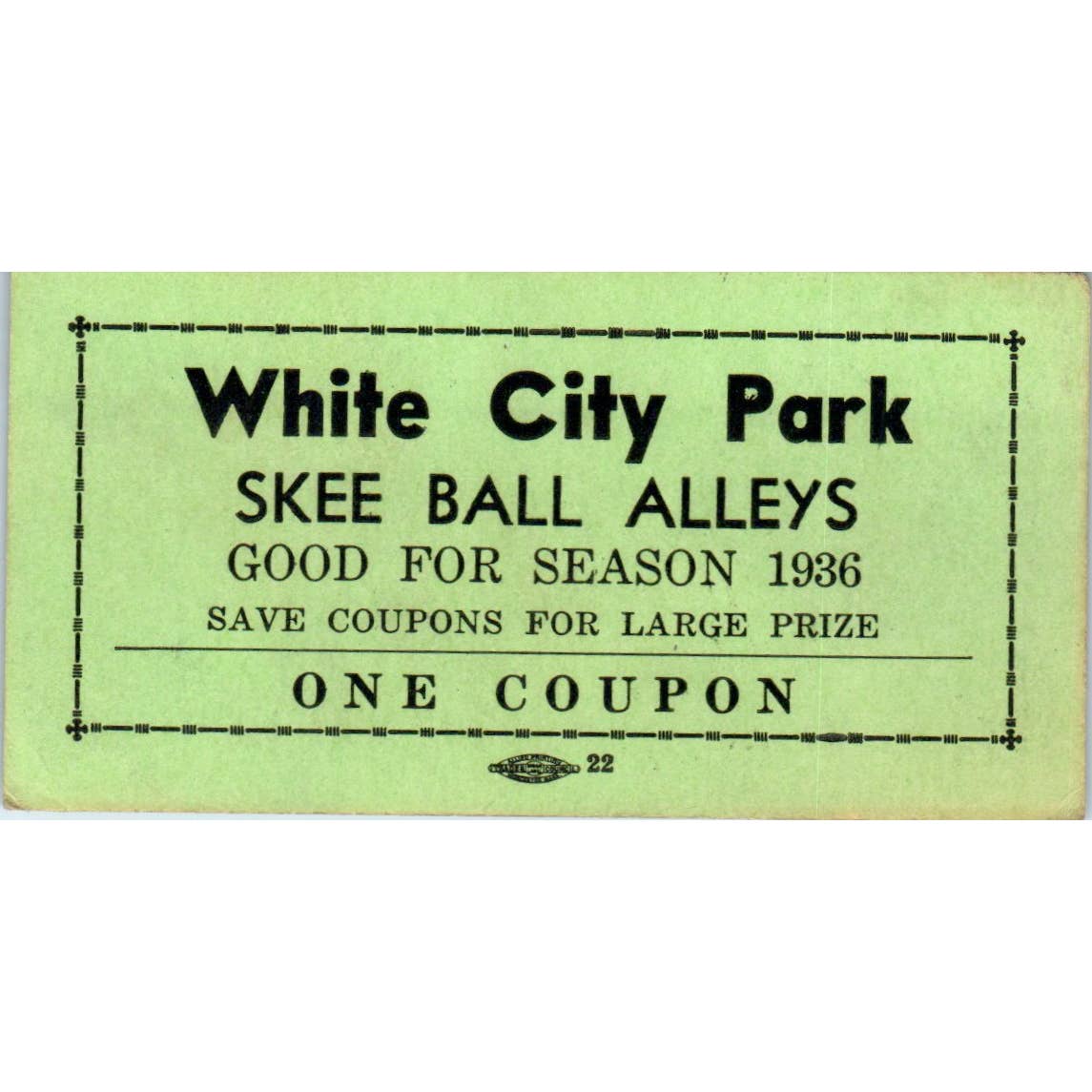 1936 White City Park Skee Ball Alleys Coupon Card TK2-CC