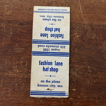 Fashion Lane Hat Shop Kansas City MO Advertising Matchbook Cover MM11-6