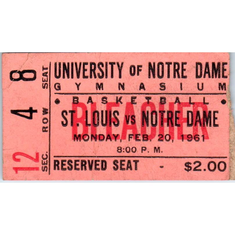1961 Original St. Louis Vs. Notre Dame Basketball Ticket Stub TJ7-L2