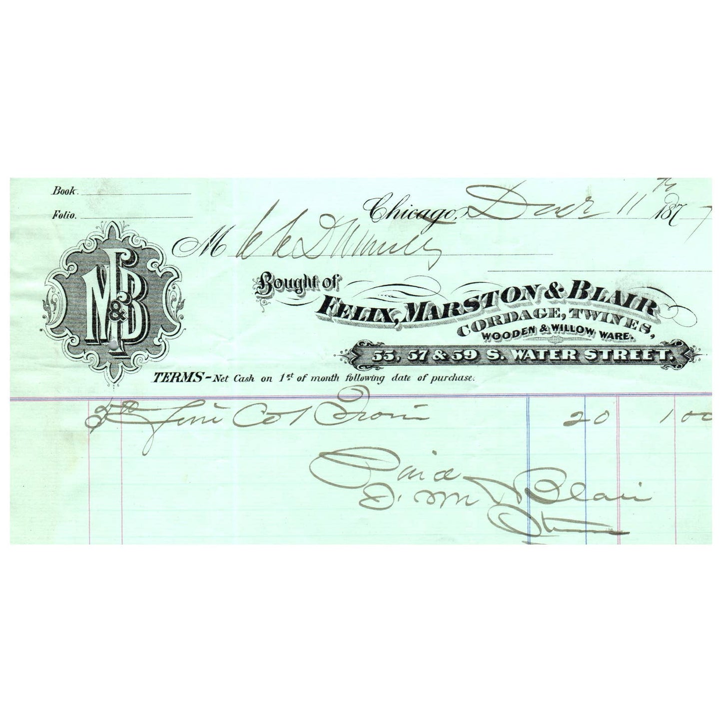 1877 Felix, Marston & Blair Cordage Twines Letterhead S Water Street Chicago AC9