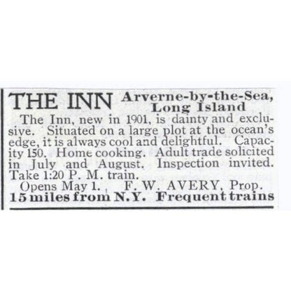 The Inn Arverne By the Sea Long Island F.W. Avery NY - 1903 Original Ad TJ7-S9