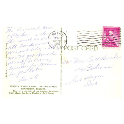 Vintage Postcard - Royal Palms Line 14th Street Tamiami Trail Bradenton FL TJ7-1