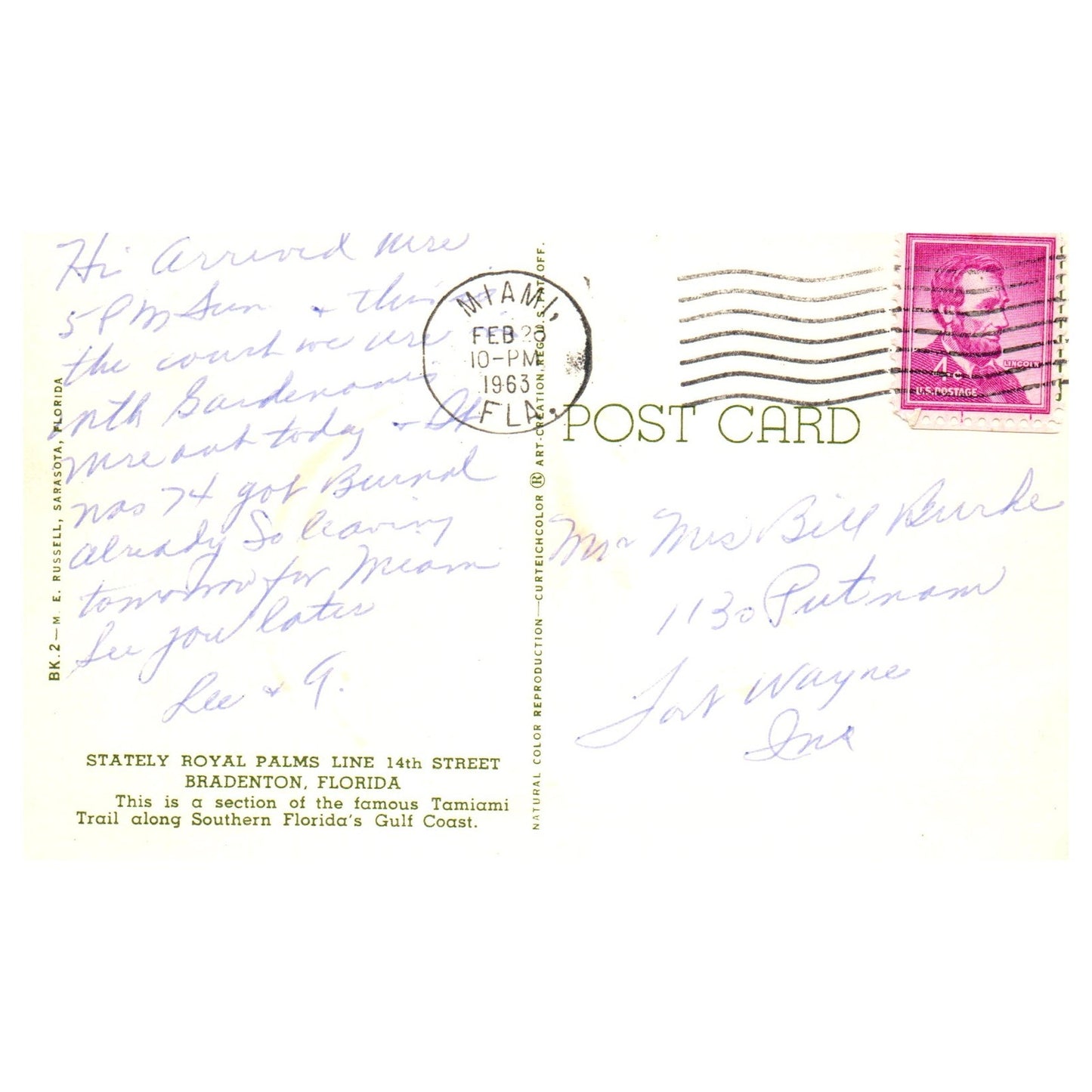 Vintage Postcard - Royal Palms Line 14th Street Tamiami Trail Bradenton FL P3-7