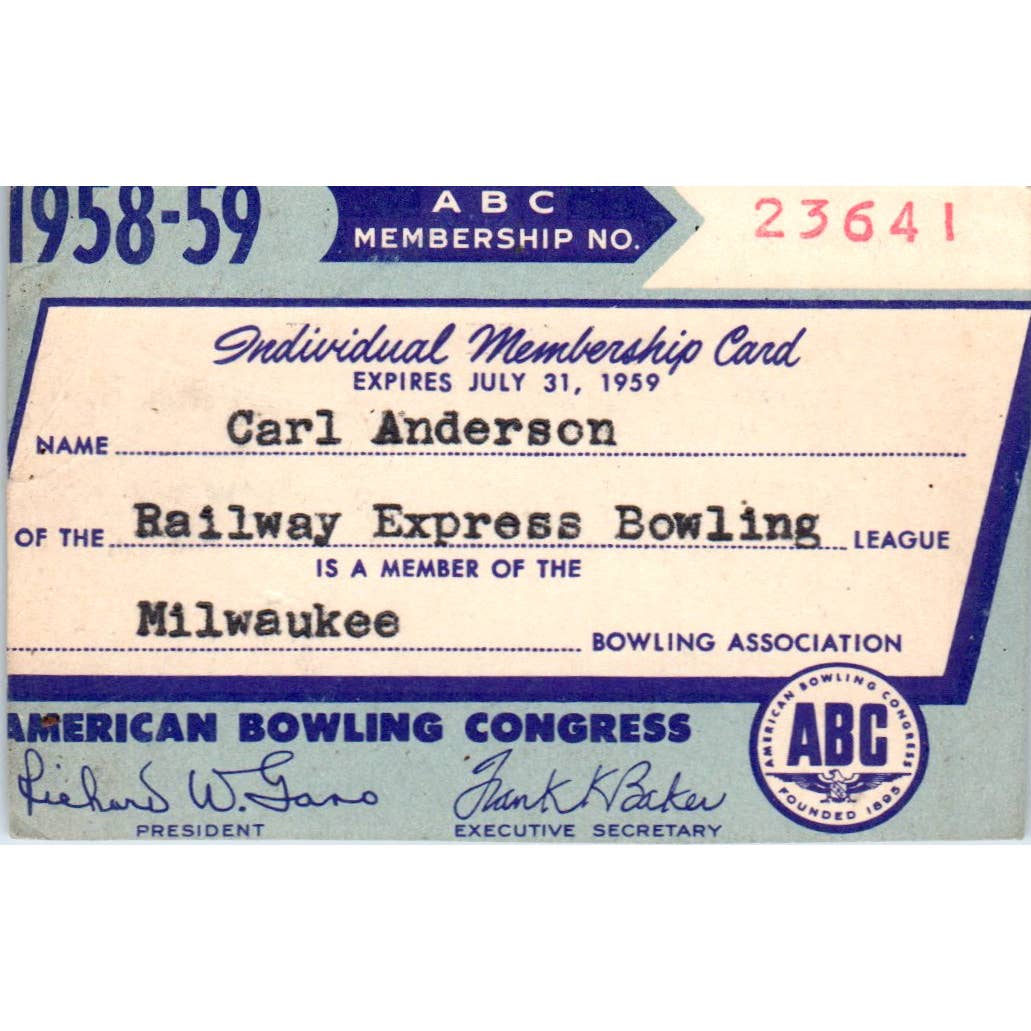 1958 American Bowling Congress Milwaukee Membership Card Railway Express SE5-53