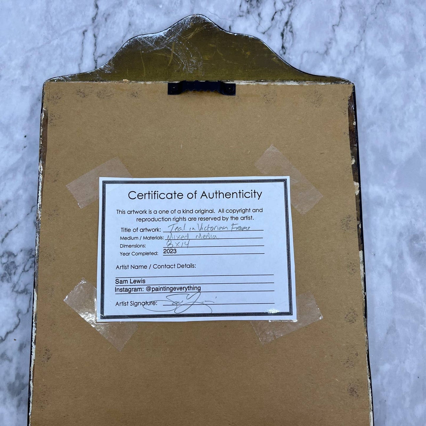 Original Framed Abstract Art Painting 14x8 “Teal in Victorian Frame” w/ COA