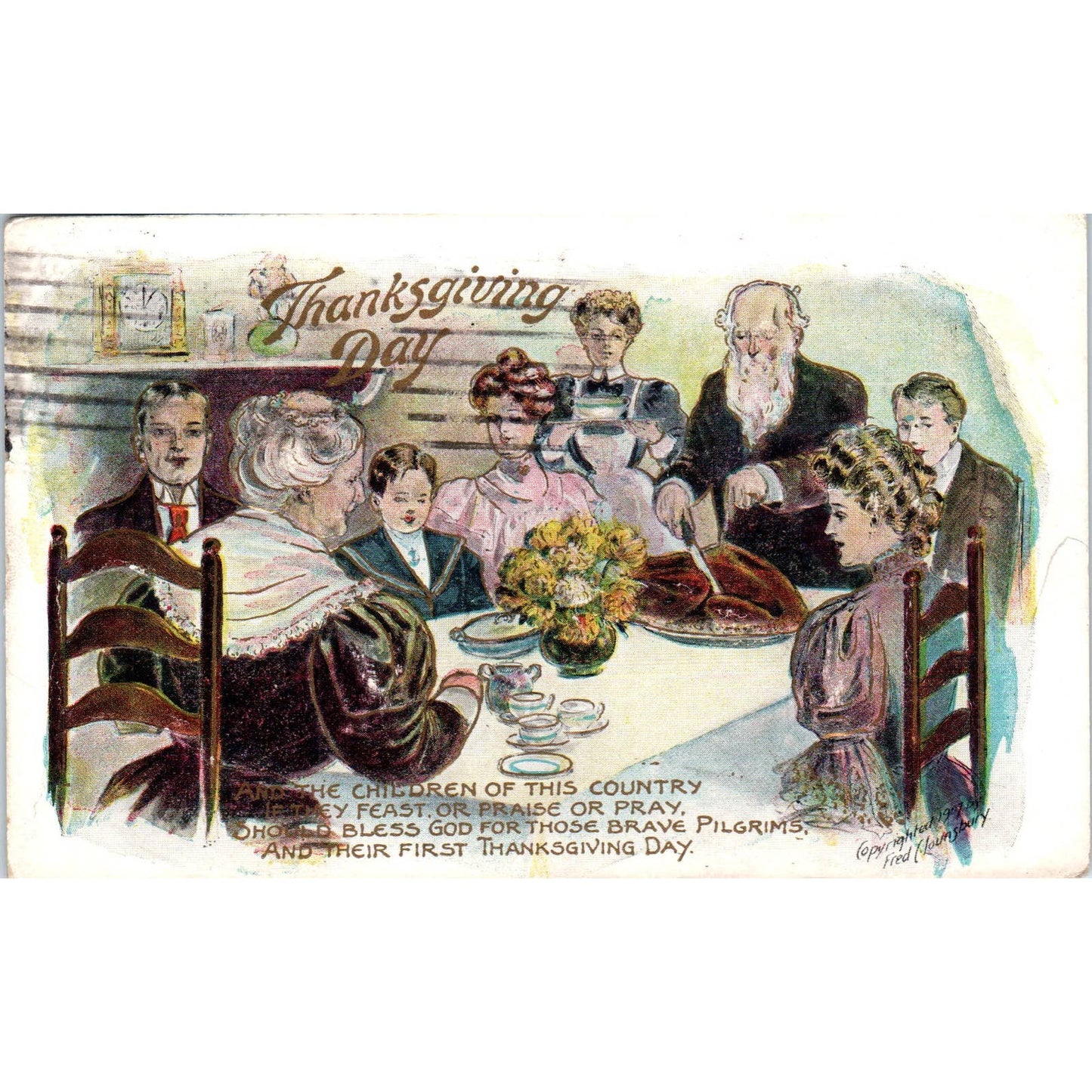 Thanksgiving Family Prayer at Dinner Table 1911 Original Postcard TK1-22