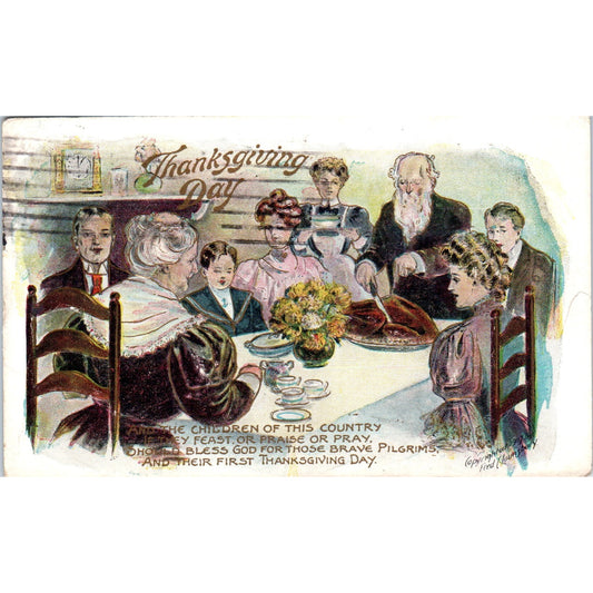 Thanksgiving Family Prayer at Dinner Table 1911 Original Postcard P1-14