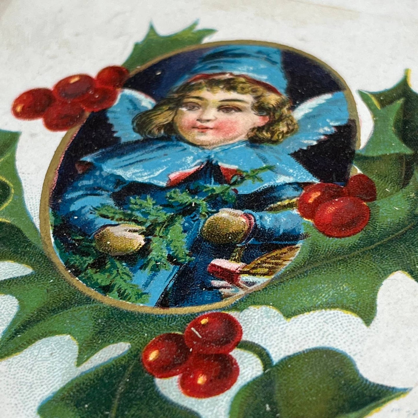 c1910 Embossed Cherub Holly Tree Holly Victorian Merry Christmas Postcard PA2