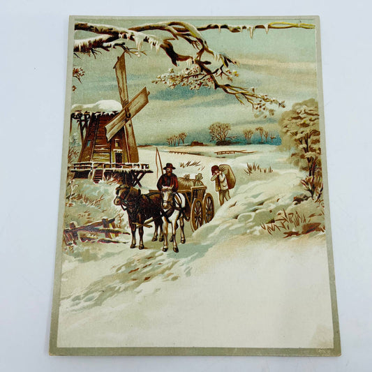 Victorian 1880s Lithograph Card Winter Scene Horse Drawn Cart Windmill 9x7 AA3
