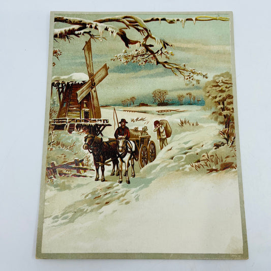 Victorian 1880s Lithograph Card Winter Horse Drawn Cart Windmill 9x7 SAH9-2
