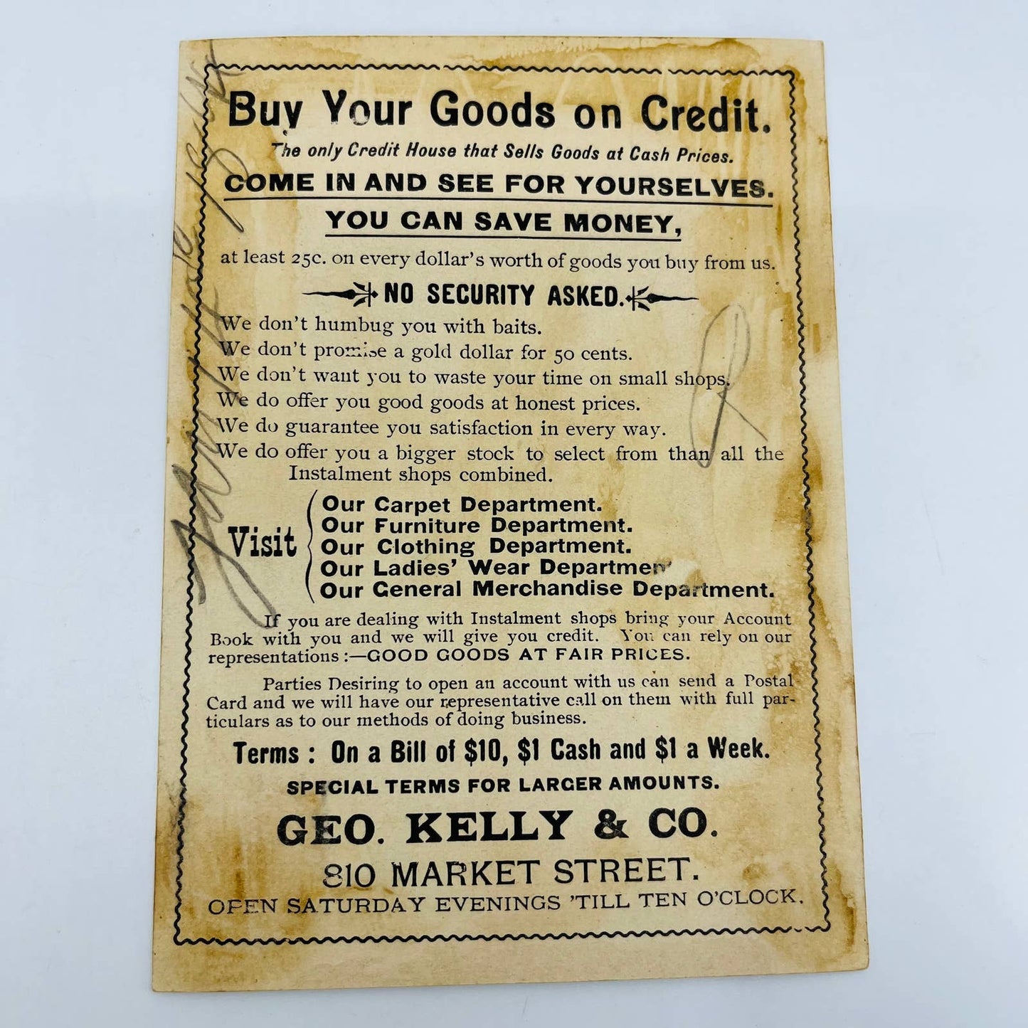 1880s Large Victorian Trade Card Geo. Kelly & Co Credit House Sailboats AA5