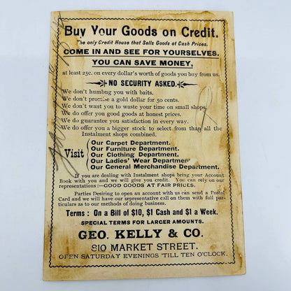 1880s Large Victorian Trade Card Geo. Kelly & Co Credit House Sailboats AA5