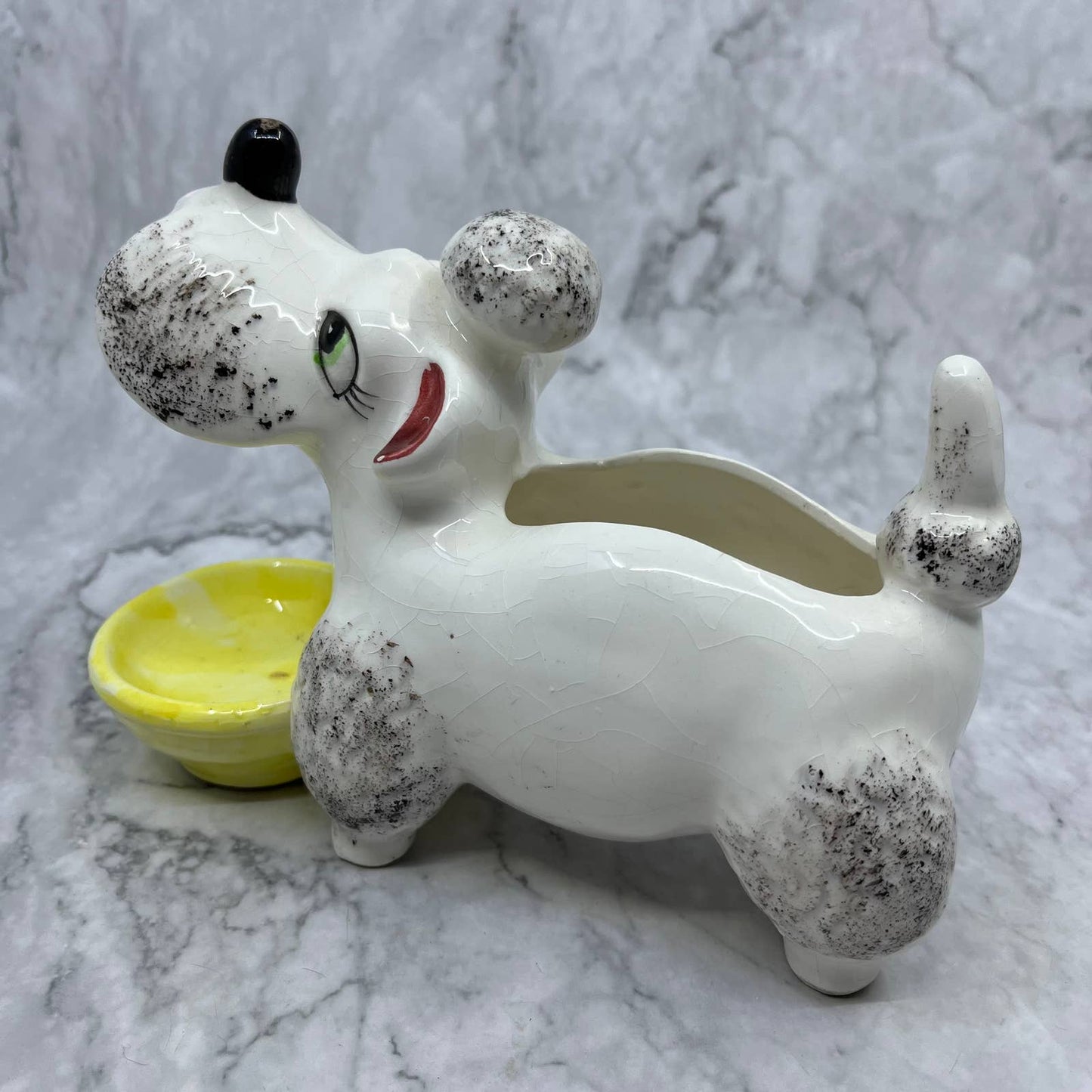 Vintage MCM Porcelain White Poodle & Dish Planter Japan 5x7" TJ2