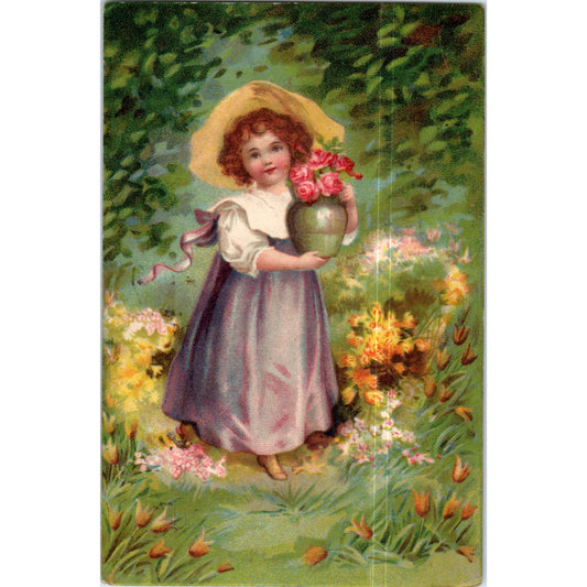 Victorian Girl Purple Dress Flower Pot Original Postcard P2-3