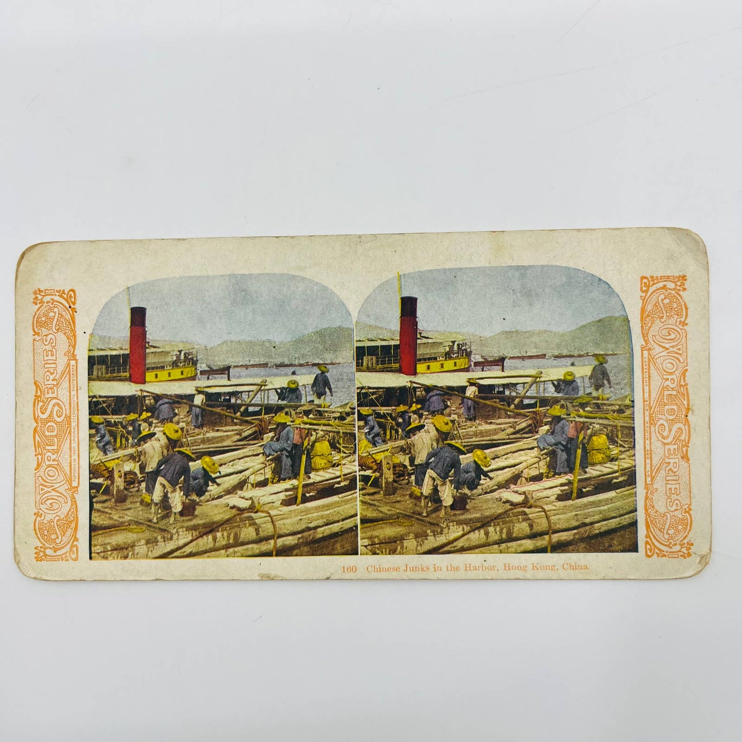 c1900 Stereoview Card Chinese Junks in the Harbor Hong Kong China Steamship SB8