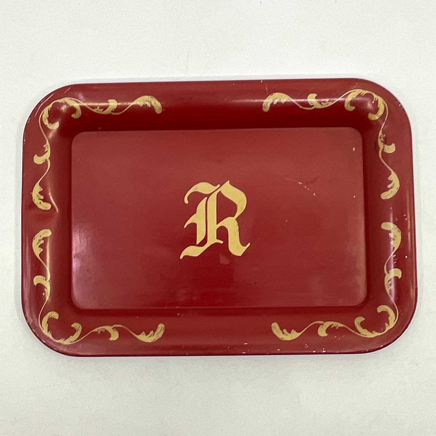 Vintage Small Tin Toleware Tray Monogrammed “R” Red ~6.5x4.5” TH2-3