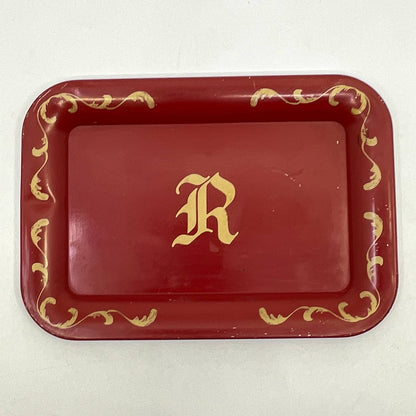 Vintage Small Tin Toleware Tray Monogrammed “R” Red ~6.5x4.5” TH2-3