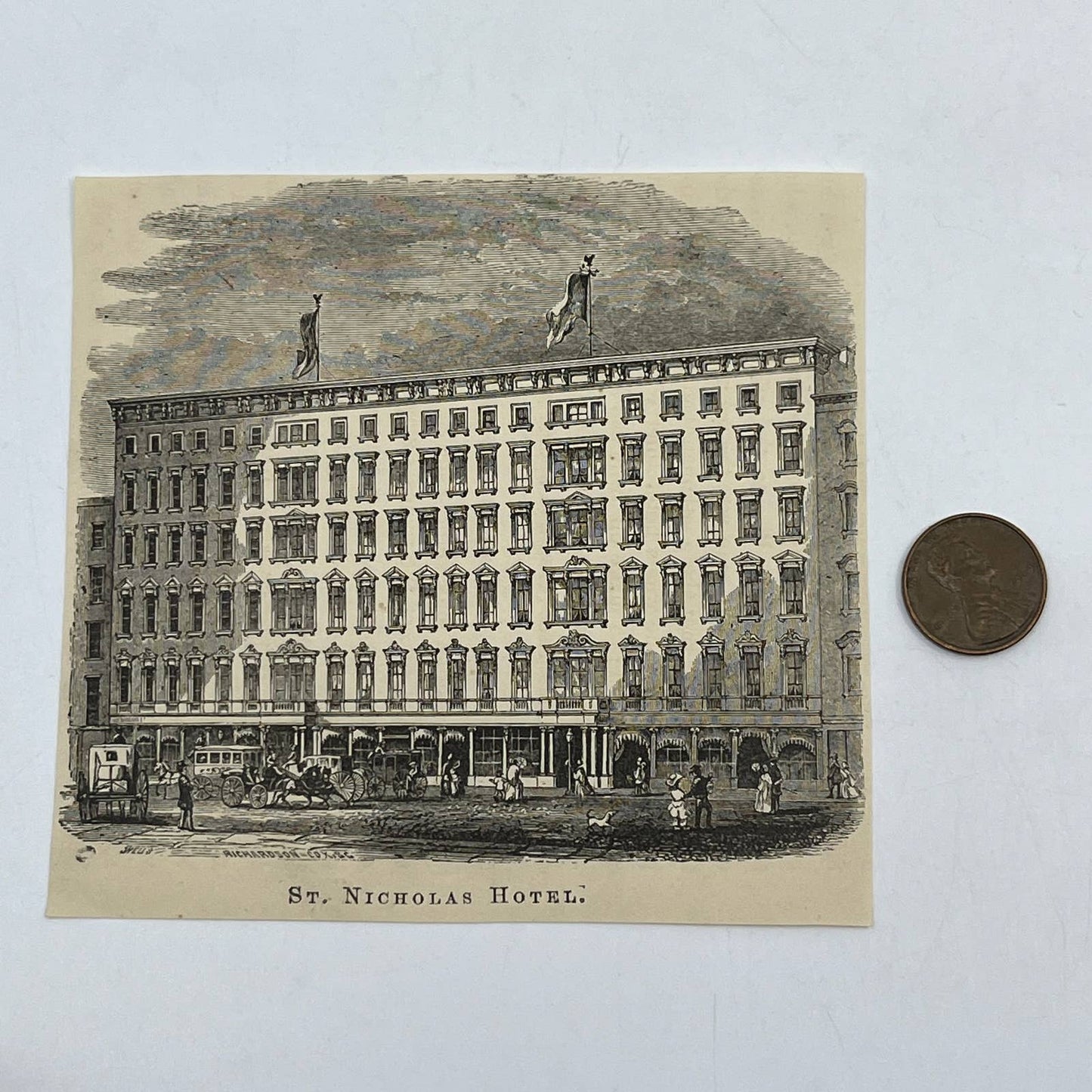 1880s Original Art Print Engraving St. Nicholas Hotel New York ~4x4 AC9