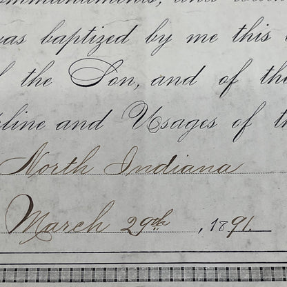 1891 North Indiana Methodist Church Baptism Certificate Verna Willcoxon FL5