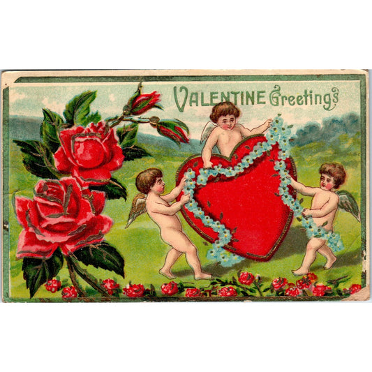 1915 Valentine Cupid Roses Heart Original Postcard P1-13