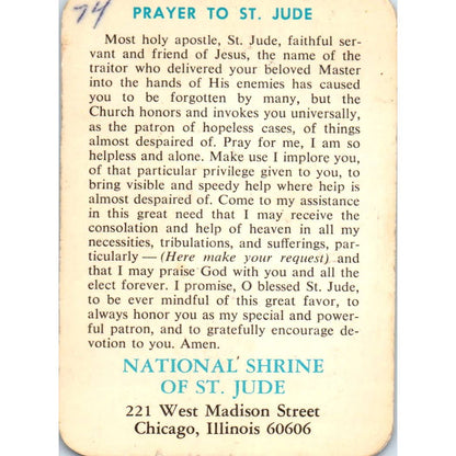 1974 Catholic St. Jude Prayer Card Laminated National Shrine of St. Jude SE5