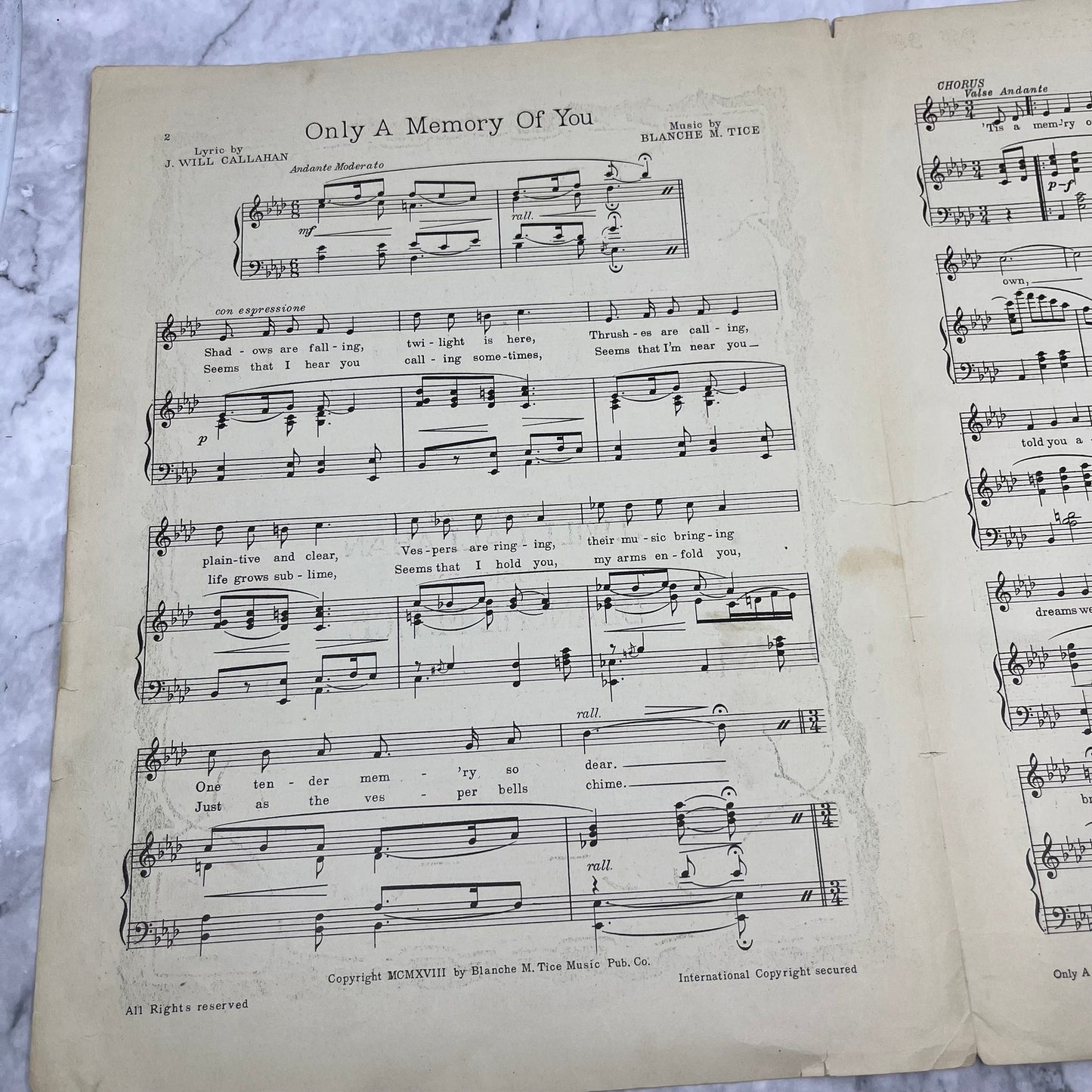 1918 Sheet Music Only a Memory of You Blanche M. Tice J. Will Callahan V38