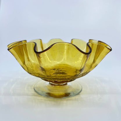 Vintage Large Blenko Crackle Glass Ruffle Edge Bowl Golden Honey 9” TE7