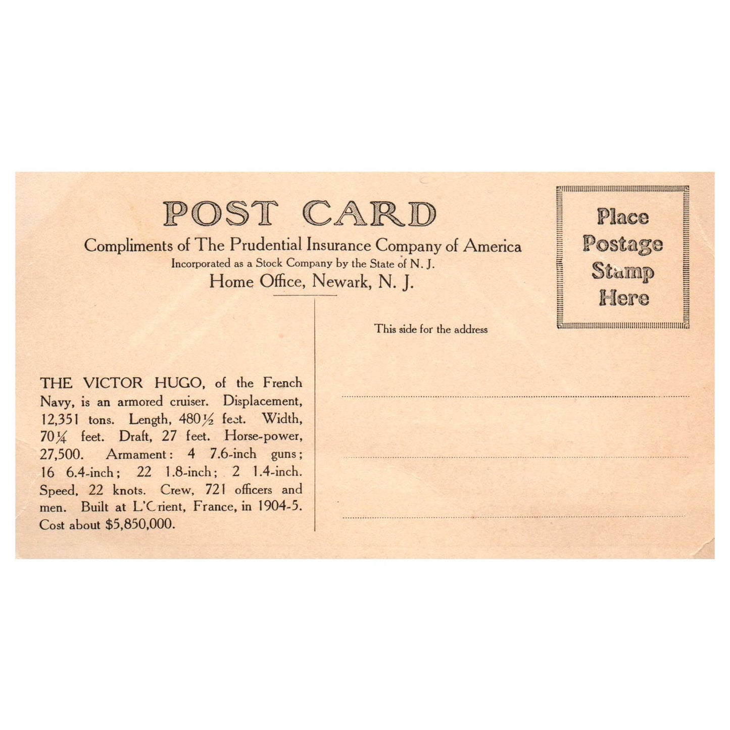 French Cruiser Victor Hugo - Original Postcard TJ8-5