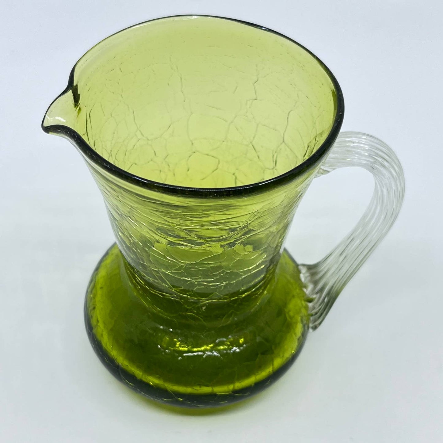 Vintage Pilgrim Crackle Glass Pitcher Avocado Green 5" Hand Blown TE5
