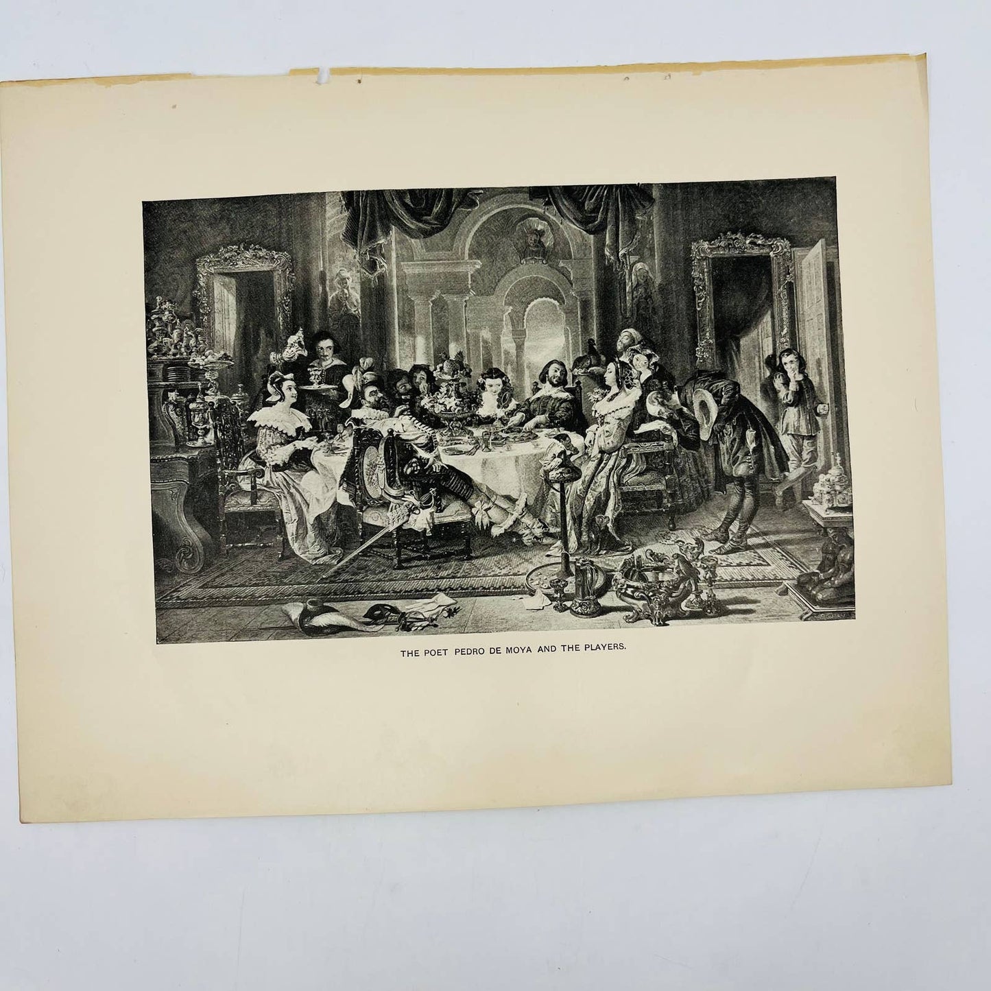 1880s Victorian Art Print Engraving THE POET PEDRO DE MOYA AND THE PLAYERS