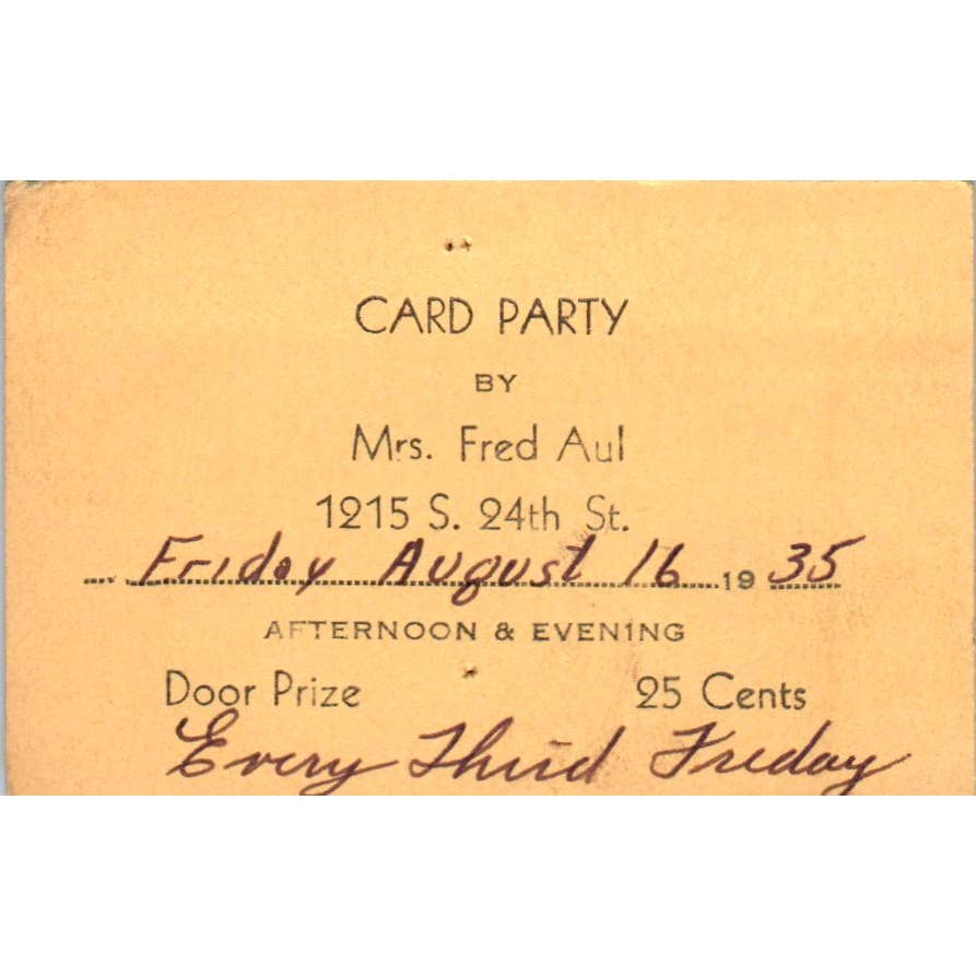 1935 Card Party Invitation Mrs. Fred Aul S. 24th St Milwaukee WI SE5