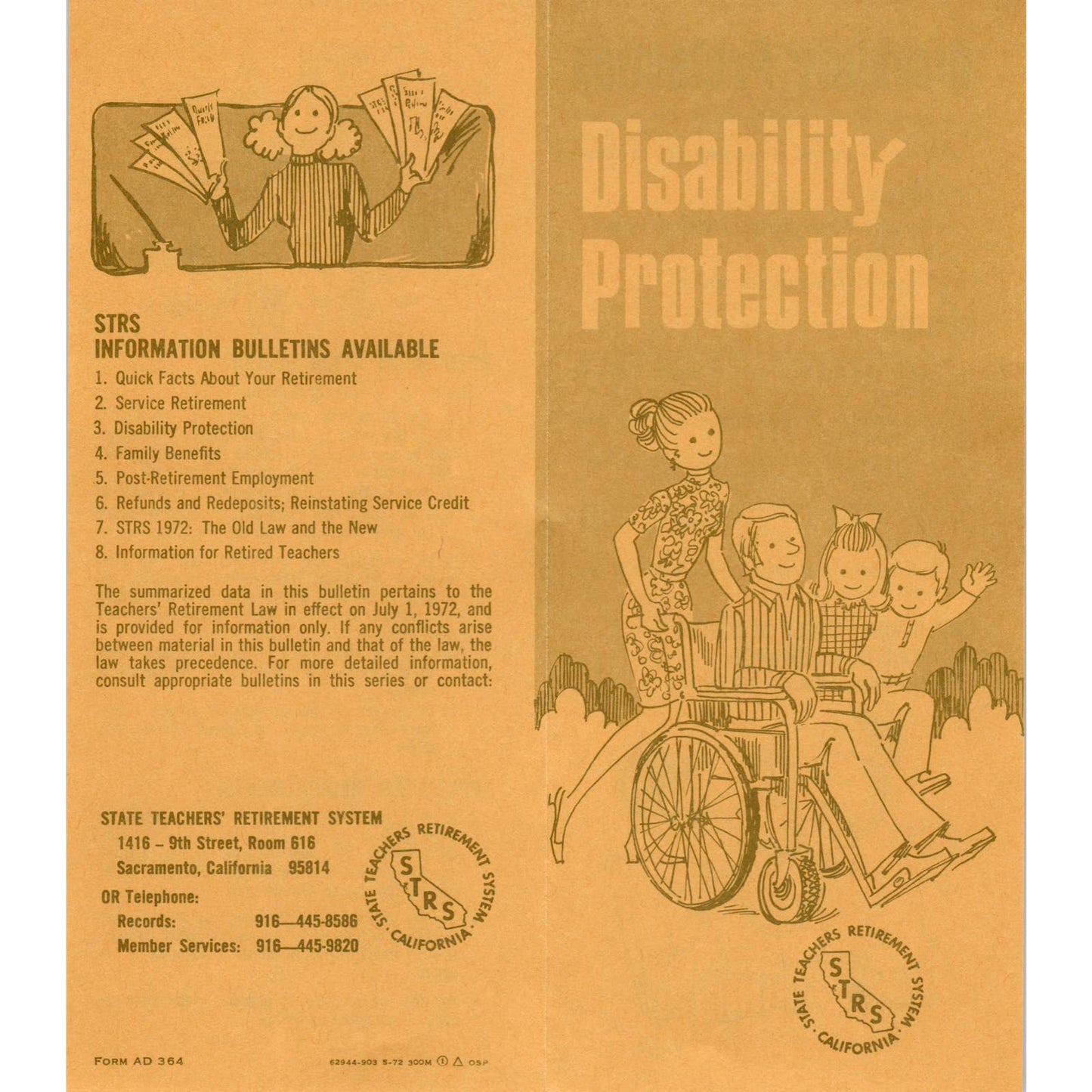 1972 STRS California Teachers Retirement Disability Protection Brochure SF3