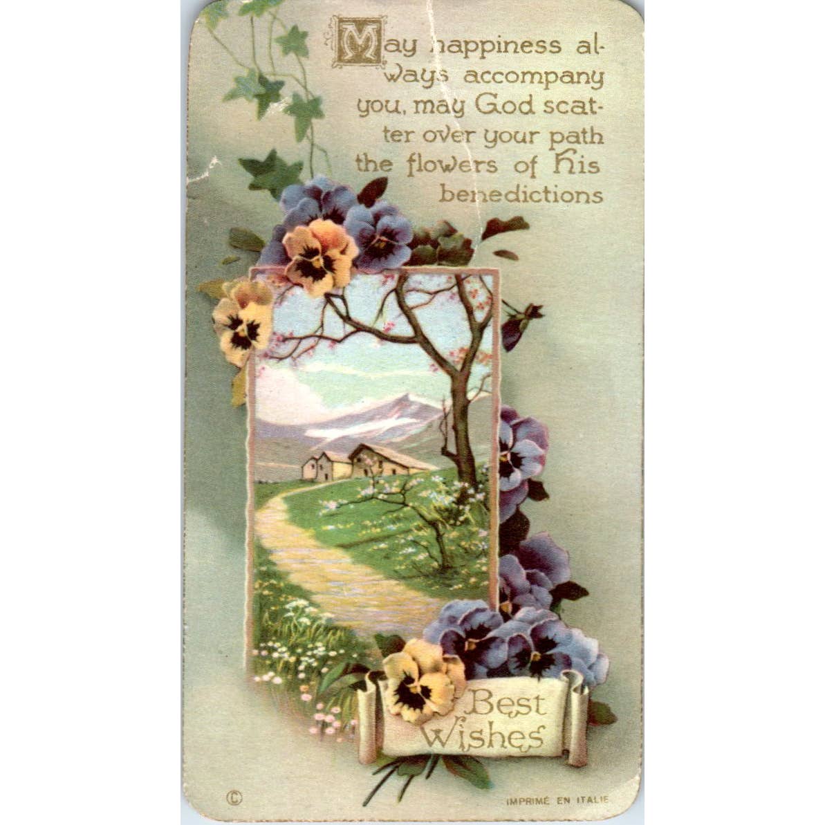 Antique Greeting Card Best Wishes Country Cottage Mountain Scene Italy SE5