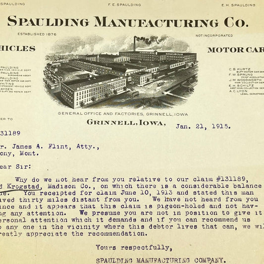 1915 Spaulding Mfg. Co. Vehicles & Motorcars Letterhead Grinnell IA AB5