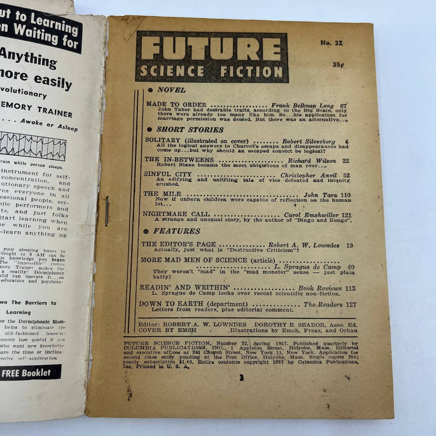 1957 FUTURE Science Fiction #32 pulp digest R. Silverberg Solitary EMSH art TC1