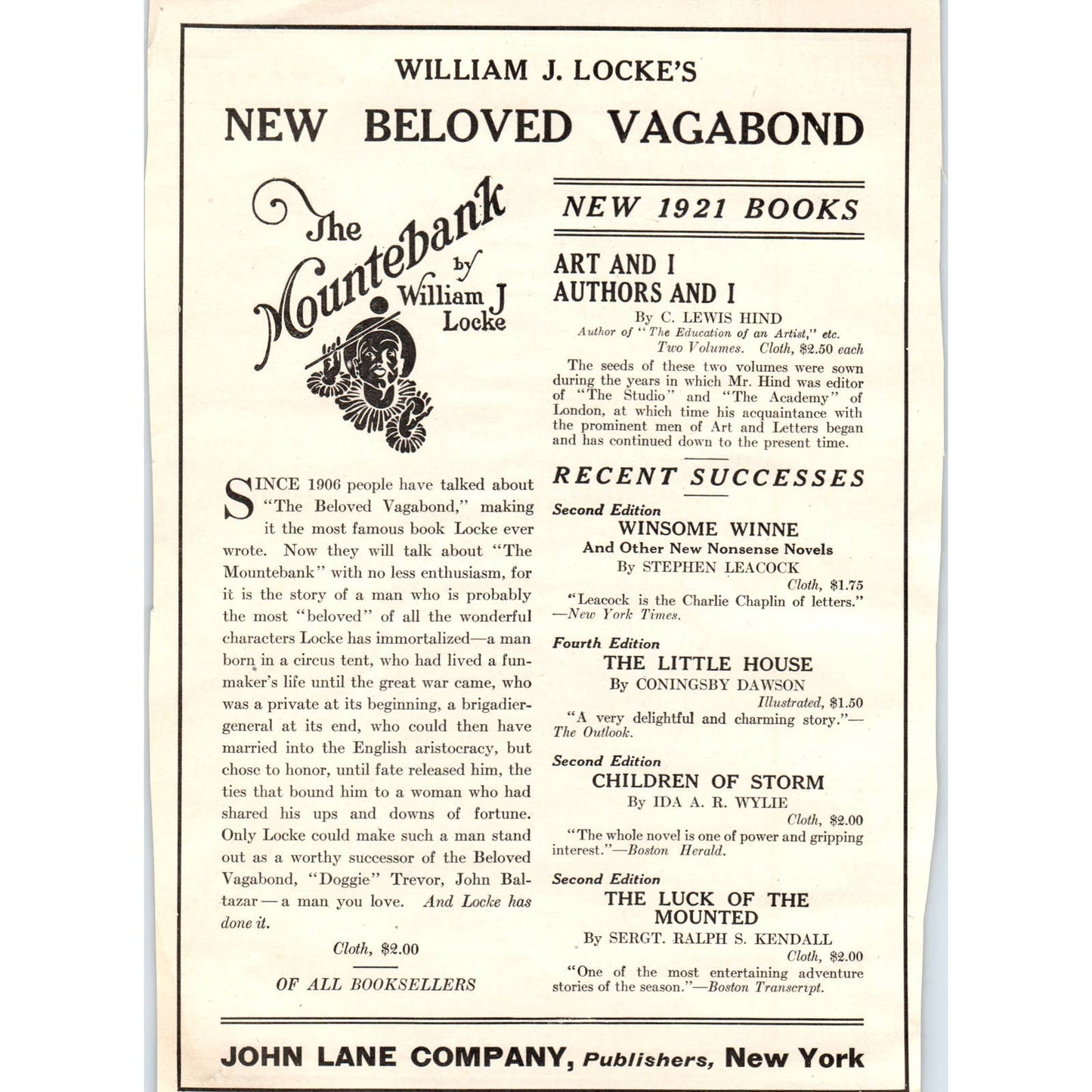 c1920 Harper's Magazine Ad - William J. Locke's New Beloved Vagabond TF6-1