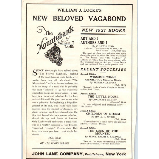 c1920 Harper's Magazine Ad - William J. Locke's New Beloved Vagabond TF6-1