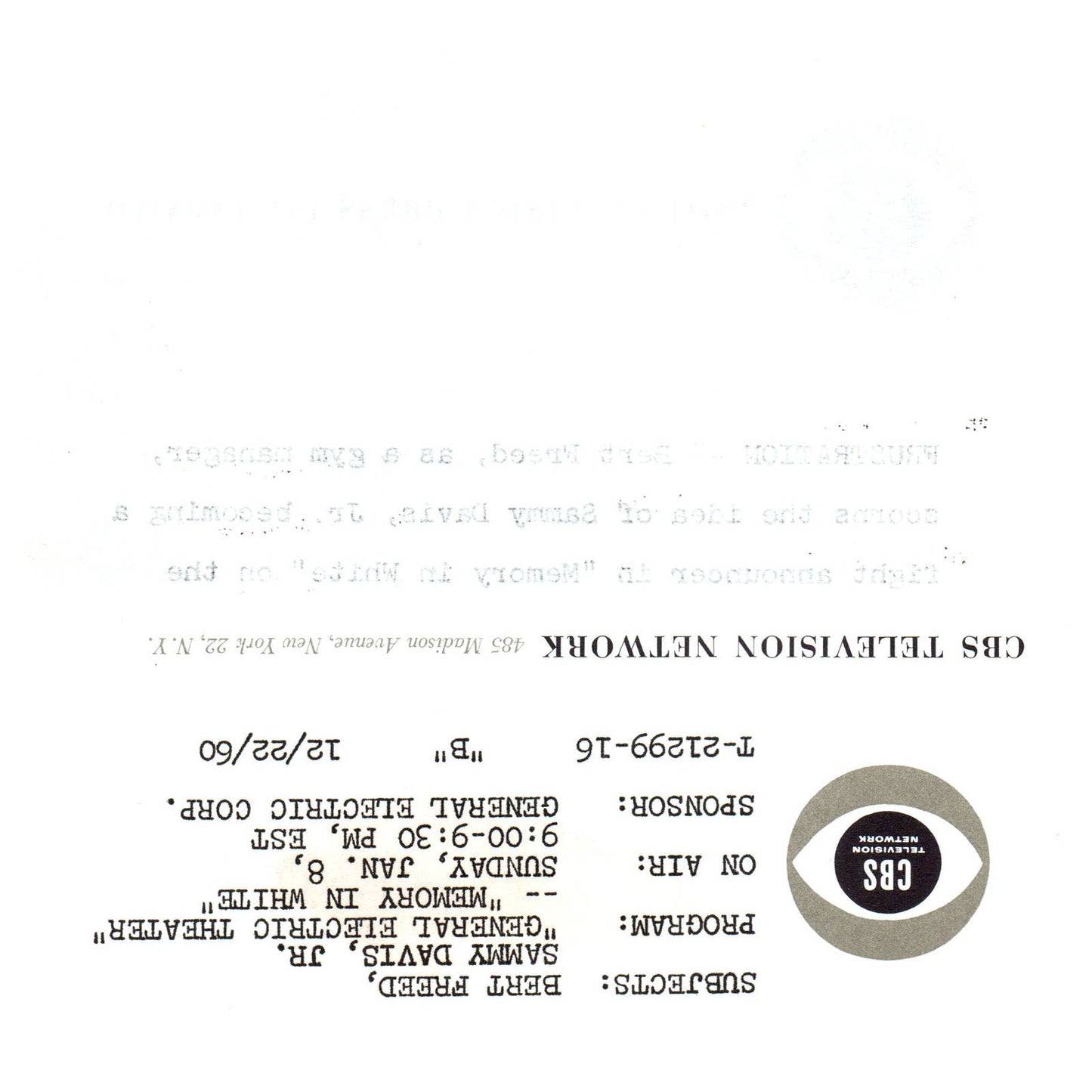 c1960 Press Photo Bert Freed Sammy Davis Jr General Electric Theater CBS TJ7-2